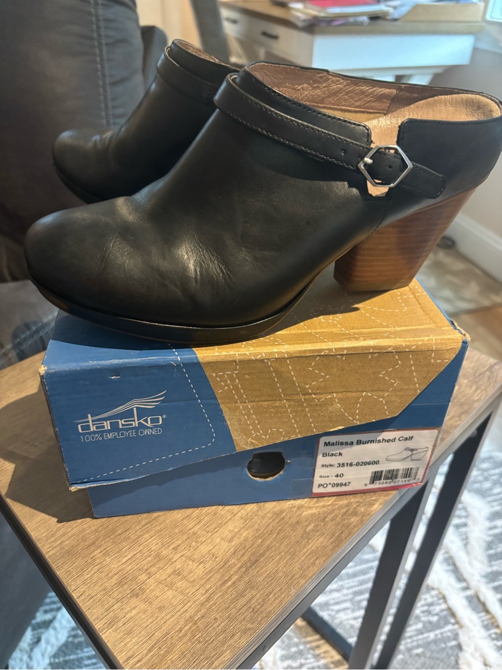 Dansko Black Burnished Leather Clog Mule with Stacked Heel